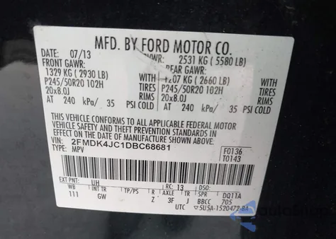 2013 Ford Edge Sel из США, поврежденный, VIN 2FMDK4JC1DBC68681